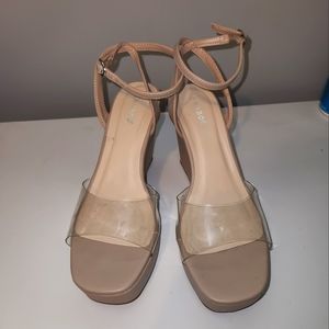 Nude, ankle strap wedges w/ clear strap